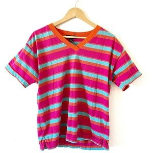 Vintage Mens Medium V-Neck One Step Up Polyester/Cotton Bright Striped T-Shirt